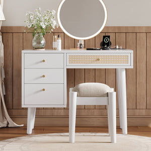 English Elm 39" Retro Bohemian Makeup Vanity Set with Rattan Drawers, USB Charging Port, Cushioned Stool, 4-Drawer Storage White 44.1 L x 18.75 W x 10.5 H N733P180011K