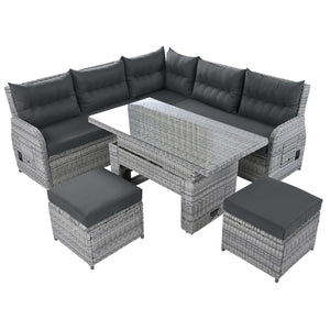 English Elm Outdoor Furniture Set: Modern Rattan Patio Set With Adjustable Recliners, Glass Tables & Ottomans N719Z000120E-GIGA