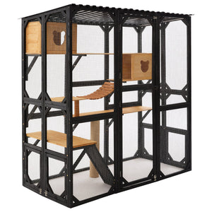 English Elm Outdoor Fir Wood Window Catio Enclosure with Four Climbing Platforms for Cats Black,Brown N719P418377D