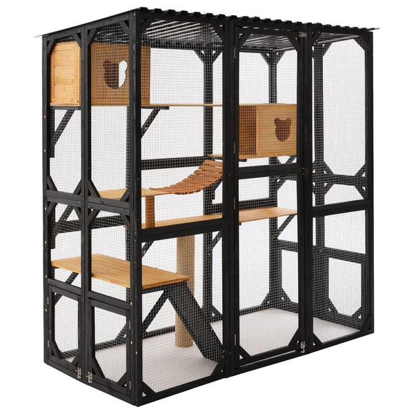 English Elm Outdoor Fir Wood Window Catio Enclosure with Four Climbing Platforms for Cats Black,Brown N719P418377D