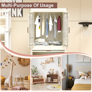 English Elm Portable Kids Wardrobe Cabinet with Magnetic Doors Hanging Rod and Four Cube Storage W2699P210481