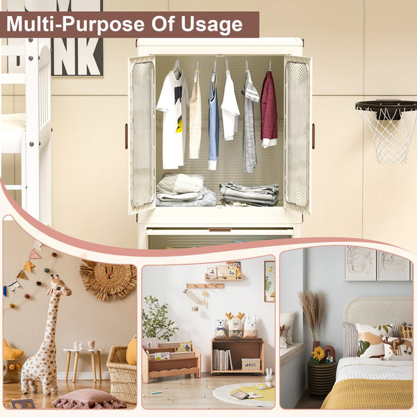 English Elm Portable Kids Wardrobe Cabinet with Magnetic Doors Hanging Rod and Four Cube Storage W2699P210481