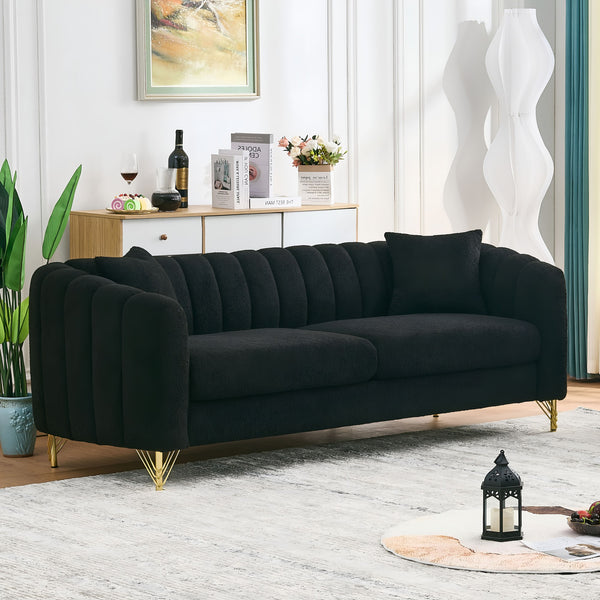 English Elm 85" Oversized Chenille Sofa Luxury 3-Seater Deep Tufted Couch with Gold Metal Legs and Pillows Black W3373S00035