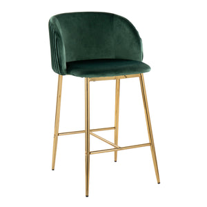 English Elm Fran Pleated Counter Stool Set Of 2: Luxurious Green Velvet & Gold Metal For Glamorous Spaces B202S00272