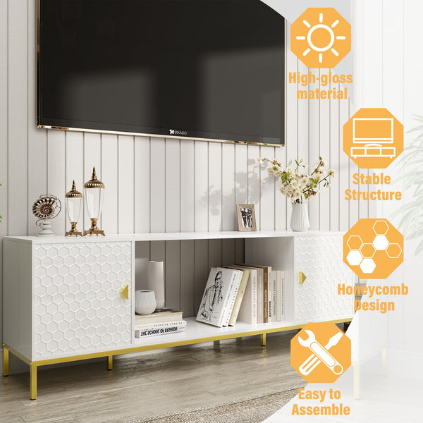English Elm 70 Electric Fireplace TV Stand with Honeycomb Doors & Gold Legs, Sturdy MDF Console with Adjustable Shelves and Open Storage for Modern Living Room White 75.6 L x 19.3 W x 5.5 H T3609P332396