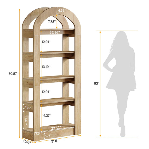 English Elm Open Five Tier Industrial Bookshelf with Steel Frame and Warm Brown Wood Finish T3971P458456