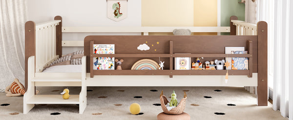 English Elm Twin Pine Floor Bed for Kids with Side Bookcases Built-in Stairs and Safety Guardrails Beige W1580P390220