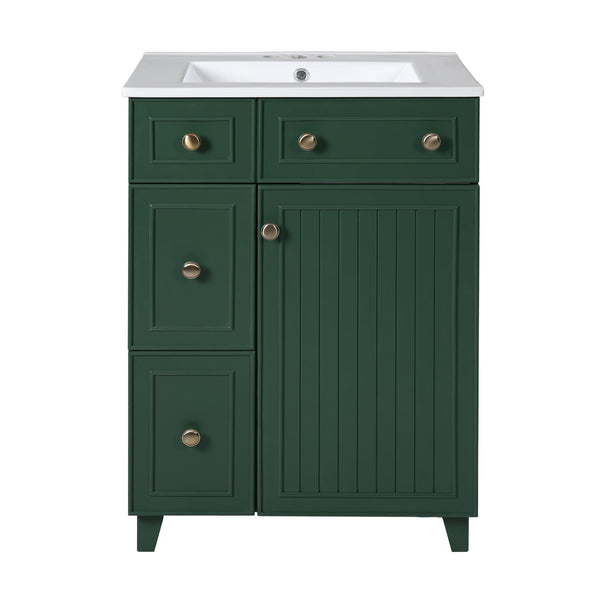 English Elm 24" Forest Green Bathroom Vanity Cabinet with Ceramic Sink, Soft-Close Door, 2 Drawers, Open-Back Access for Easy Plumbing and Durable Solid-Wood Frame N729P264336G