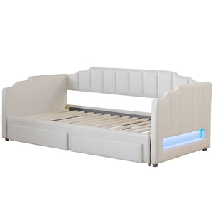 English Elm Twin Extendable Upholstered Daybed with Two Storage Drawers, LED Light, Slat Kit Included for Guests Beige N7500002061A