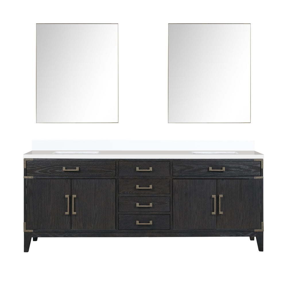 English Elm Black Oak Double Bath Vanity Set With White Quartz Top, Matching Mirrors & Ample Storage Solutions B2731S02159