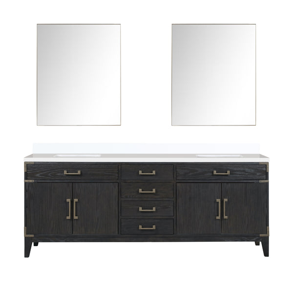 English Elm Black Oak Double Bath Vanity Set With White Quartz Top, Matching Mirrors & Ample Storage Solutions B2731S02159