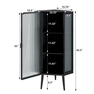 English Elm 22.25'' Floor Corner Cabinet with Tempered Glass Doors, Three-Tier Metal Frame Storage for Home Black W757P180792