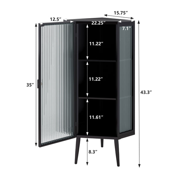 English Elm 22.25'' Floor Corner Cabinet with Tempered Glass Doors, Three-Tier Metal Frame Storage for Home Black W757P180792