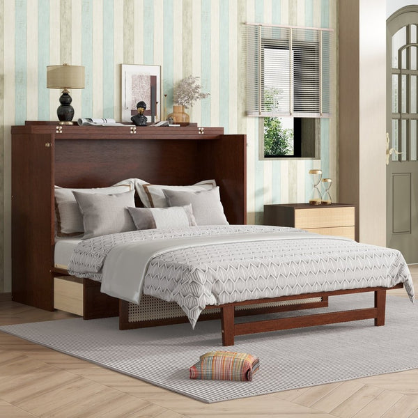 English Elm Queen Size Murphy Bed - Stylish Walnut Pine Cabinet With Rattan Accents & Full-Width Storage Drawer W504S00231-GIGA