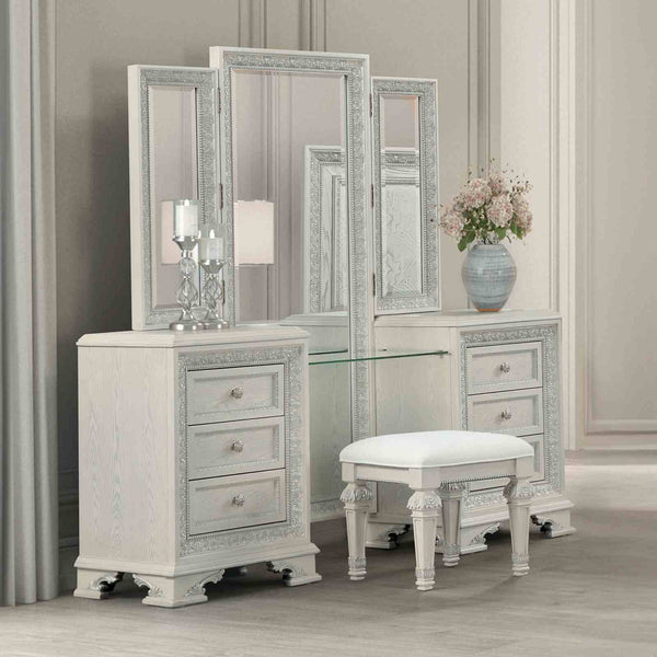 English Elm Traditional Creamy White Vanity Set with Stool, Tri-Fold Mirror, USB Port, Silver Accents, 72"W elegante B2741S00675