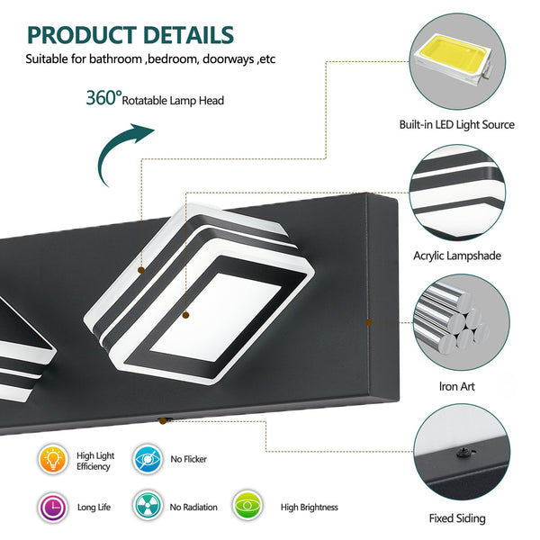 English Elm Matte Black 3-Light LED Vanity Light Fixture Up/Down Dimmable Iron Acrylic Modern Bathroom Lamp W2312P374870