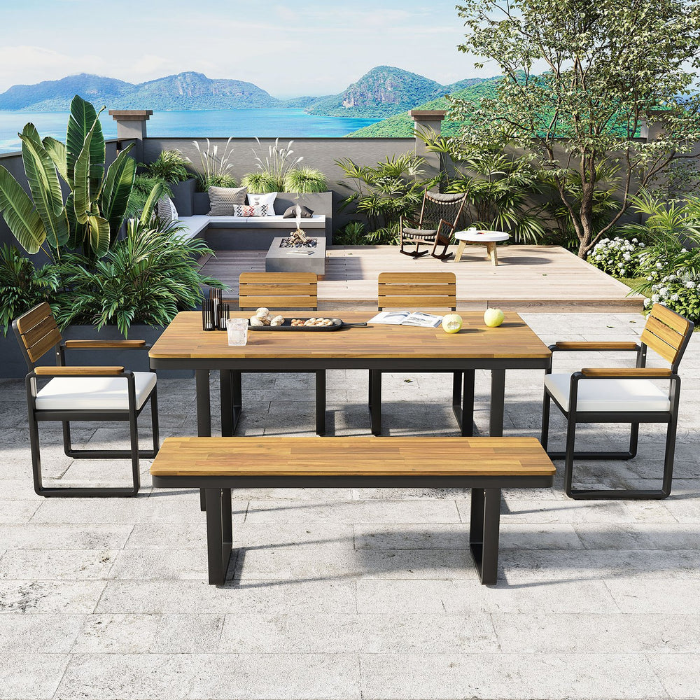 English Elm 6-piece Outdoor Acacia Wood Patio Dining Set with Cushioned Chairs Bench Steel Frame Beige N704G201255A
