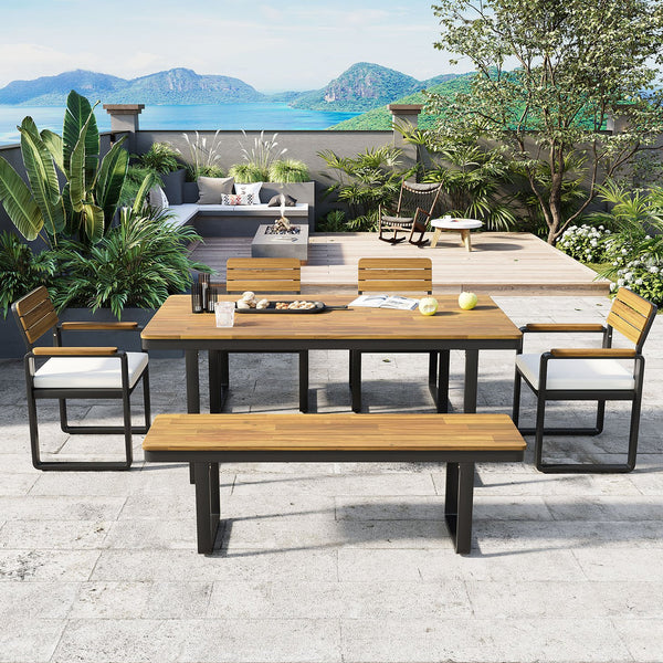 English Elm 6-piece Outdoor Acacia Wood Patio Dining Set with Cushioned Chairs Bench Steel Frame Beige N704G201255A