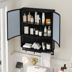 English Elm 23.62"Modern Arched Glass Cabinet with Shatterproof Mirror, Double-Layer Storage, Towel Rack, Black W757P314594