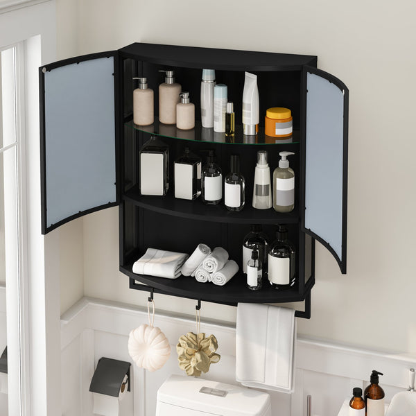 English Elm 23.62"Modern Arched Glass Cabinet with Shatterproof Mirror, Double-Layer Storage, Towel Rack, Black W757P314594