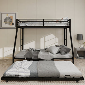 English Elm High Stability Square Tube Bunk Bed With Rolling Trundle & Ladder - Modern Black Design For Space-Saving W1935P360871