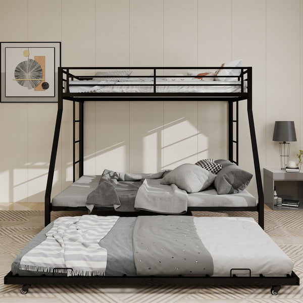 English Elm High Stability Square Tube Bunk Bed With Rolling Trundle & Ladder - Modern Black Design For Space-Saving W1935P360871