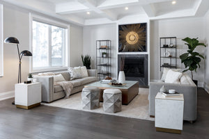 Sunpan Shiloh Coffee Table - Elegant White Glass Top with Gold Frame & Black Oak Base for Modern Spaces