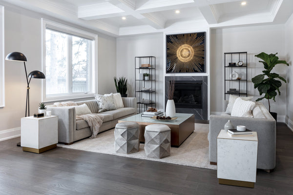 Sunpan Shiloh Coffee Table - Elegant White Glass Top with Gold Frame & Black Oak Base for Modern Spaces