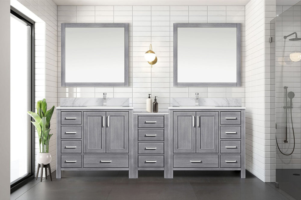 English Elm Distressed Grey Double Bath Vanity 92" W x 22" D with Carrara Marble Top, 14 Drawers & Chrome Faucets B2731S01190