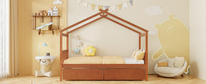 English Elm Twin House Bed Solid Pine Kids Cottage Frame with Storage Drawers Imaginative Room Walnut N708P309245L