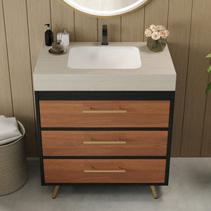 English Elm Modern Freestanding Bathroom Vanity with Vessel Sink Sintered Stone Gold Steel Legs W3136S00052