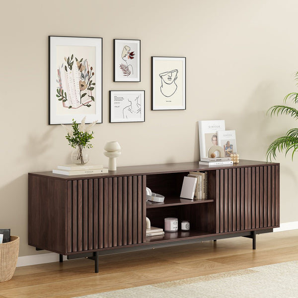 English Elm Modern Low Profile Media Console with Open Shelving and Concealed Cabinet Storage Dark Walnut T3623P434862