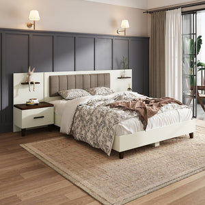 English Elm Christopher Knight Home® - Queen Upholstered Bed Frame with 2 Nightstands, 108" Headboard, Floating Shelves, White Brown Finish N758Q080001W