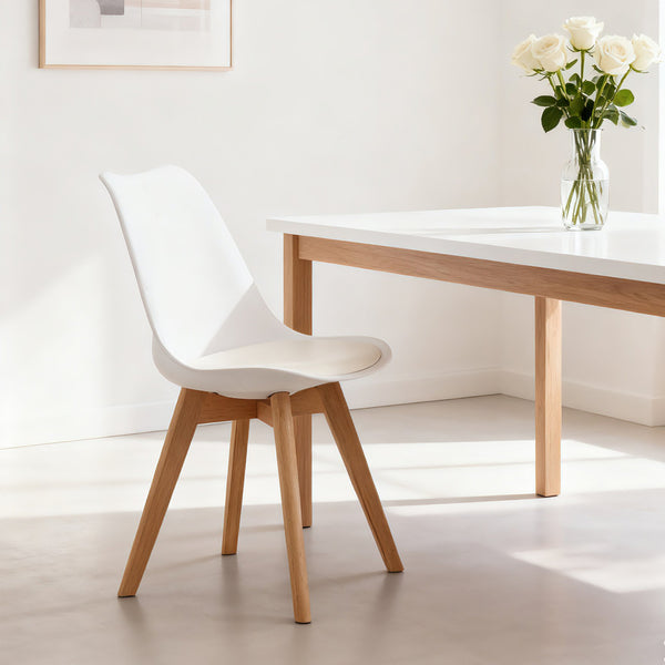 English Elm Set of four modern medieval dining chairs with cushioned PU seats, solid wooden legs, 300lb capacity, non-slip pads, durable waterproof finish, easy assembly, ergonomic back support for kitchen and dining spaces White W3851P368650