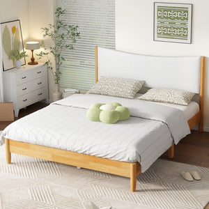 English Elm Queen Size Solid Rubberwood Bed With Boucle Upholstered Headboard, Sleek Beech White Finish & Support W504P184308-GIGA