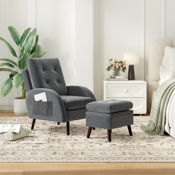 English Elm Upholstered Velvet Accent Chair and Ottoman with Storage, Tufted Design, 6-Level Adjustable Backrest Dark Gray T3623P411376