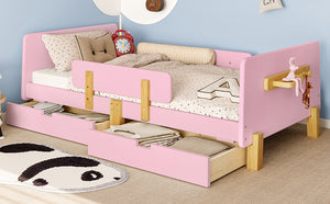 English Elm Twin Low Profile Kids Floor Bed Pine Wood Frame with Safety Rail and Built in Bookshelf W1580P373242