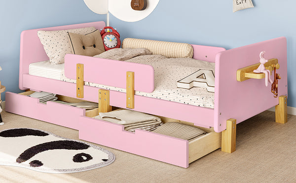 English Elm Twin Low Profile Kids Floor Bed Pine Wood Frame with Safety Rail and Built in Bookshelf W1580P373242
