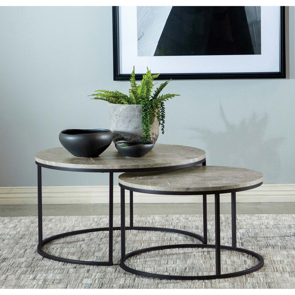 English Elm Hanover Grey Round Faux Marble Nesting Coffee Table Set with Gunmetal Frame, Space-Saving Chic Design B062P333397