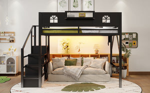 English Elm Metal Queen Loft Bed with L Shaped Desk Wardrobe Led Lighting and Usb for Teens Black W2593S00061