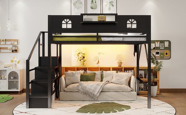 English Elm Metal Queen Loft Bed with L Shaped Desk Wardrobe Led Lighting and Usb for Teens Black W2593S00061