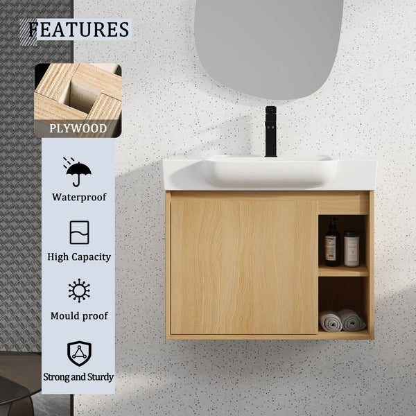 English Elm 28'' Floating Bathroom Vanity with Ceramic Sink Soft Close Door Melamine Cabinet Light Oak W999P426639