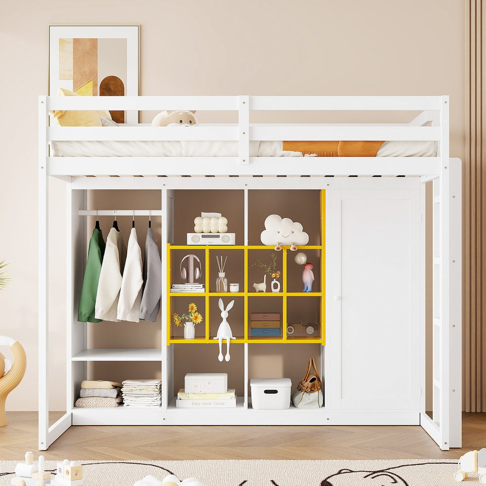 English Elm Twin Loft Bed with Wardrobe Shelves and Cabinet Kids Bedroom Wood Storage Frame Yellow+White N708S00023K