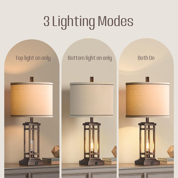 English Elm 27.5 Inch Farmhouse Bronze Table Lamp Set with Usb Charging Ports for Bedroom Decor W3355P440789
