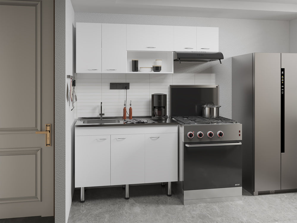 English Elm Oceana 2-Pc Kitchen Cabinet Set with Stainless Sink, 8 Shelves, 3-Door Base & 5-Door Wall White B200S00434