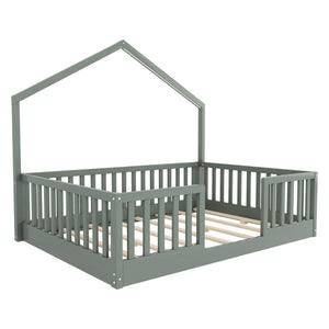 English Elm Twin Montessori Floor Bed House Frame with Led Lighting and Safety Rails for Kids Grey W2593P440606