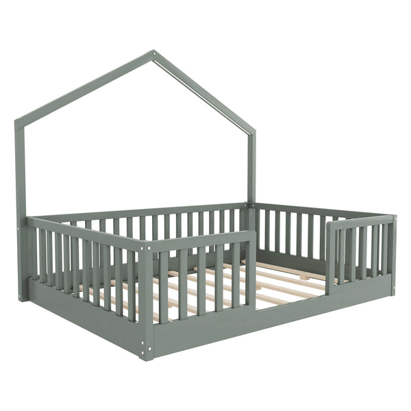 English Elm Twin Montessori Floor Bed House Frame with Led Lighting and Safety Rails for Kids Grey W2593P440606