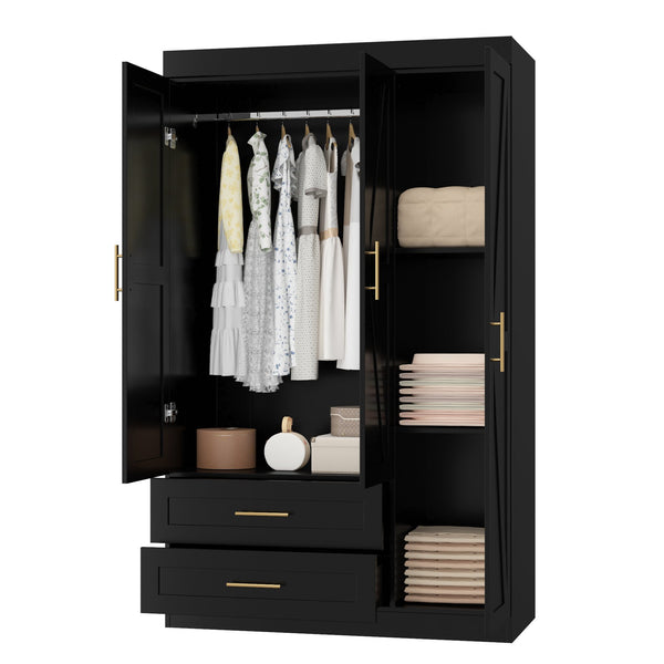 English Elm Shaker Three Door Wardrobe Armoire with Hanging Rod and Shelves for Bedroom Black T3210S00006