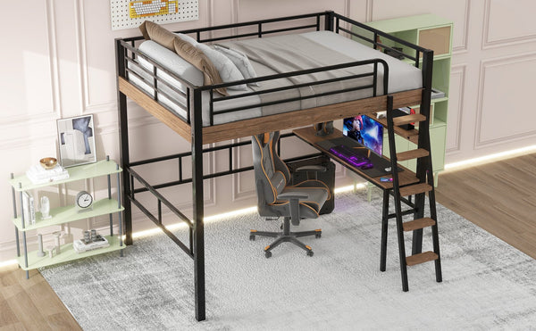 English Elm Metal Full Size Loft Bed with LED Light, Built-In Full-Length Desk, Storage Shelf & Ladder — Space-Saving Industrial Black, Sturdy Metal Frame for Study & Sleep GX001120AAB