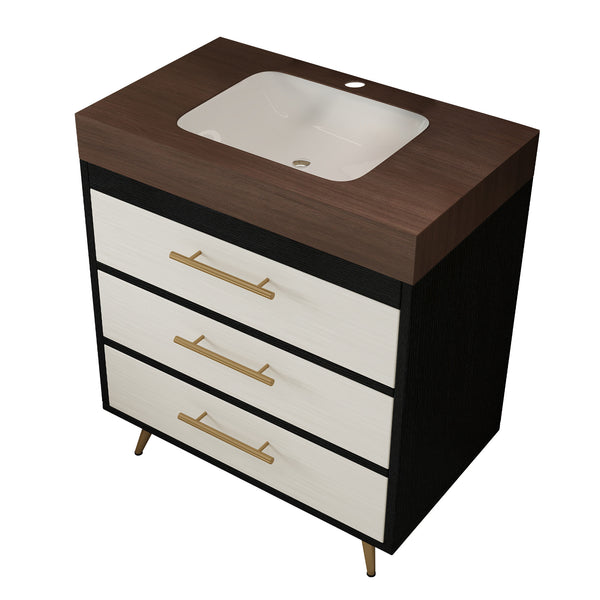English Elm Modern Freestanding Bathroom Vanity with Vessel Sink Sintered Stone Gold Legs W3136S00047